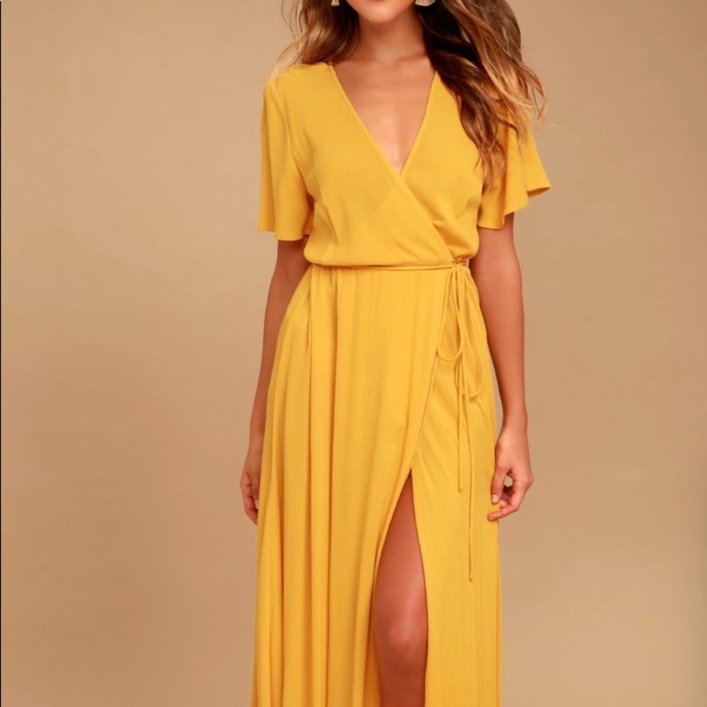 Lulus golden yellow wrap maxi dress